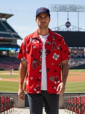 Anaheim Angels SGA Hawaiian Floral Short Sleeve Button Front Shirt Men’s Large